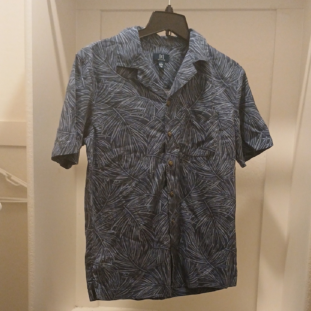 NWT--Men's George Indigo Blue Leaf Pattern Shirt - Size S